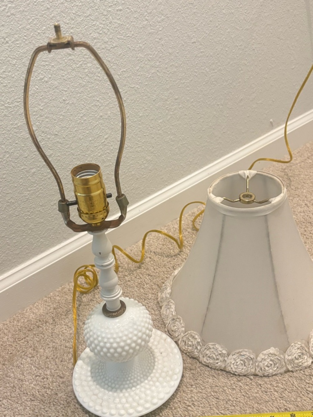 Vintage Shabby Chic White Hobnail Glass Table Lamp with Cream Fabric Shade - Picture 7 of 7